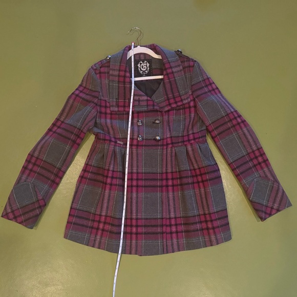 ♥️ G by Guess Pink & Gray Plaid Double-Breasted Coat — Size Medium - Picture 14 of 14